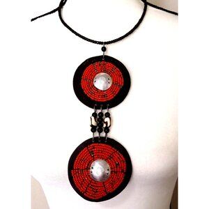 African Maasai Collar Necklace Vintage 80s Leather Seed Beads Handmade Red Black